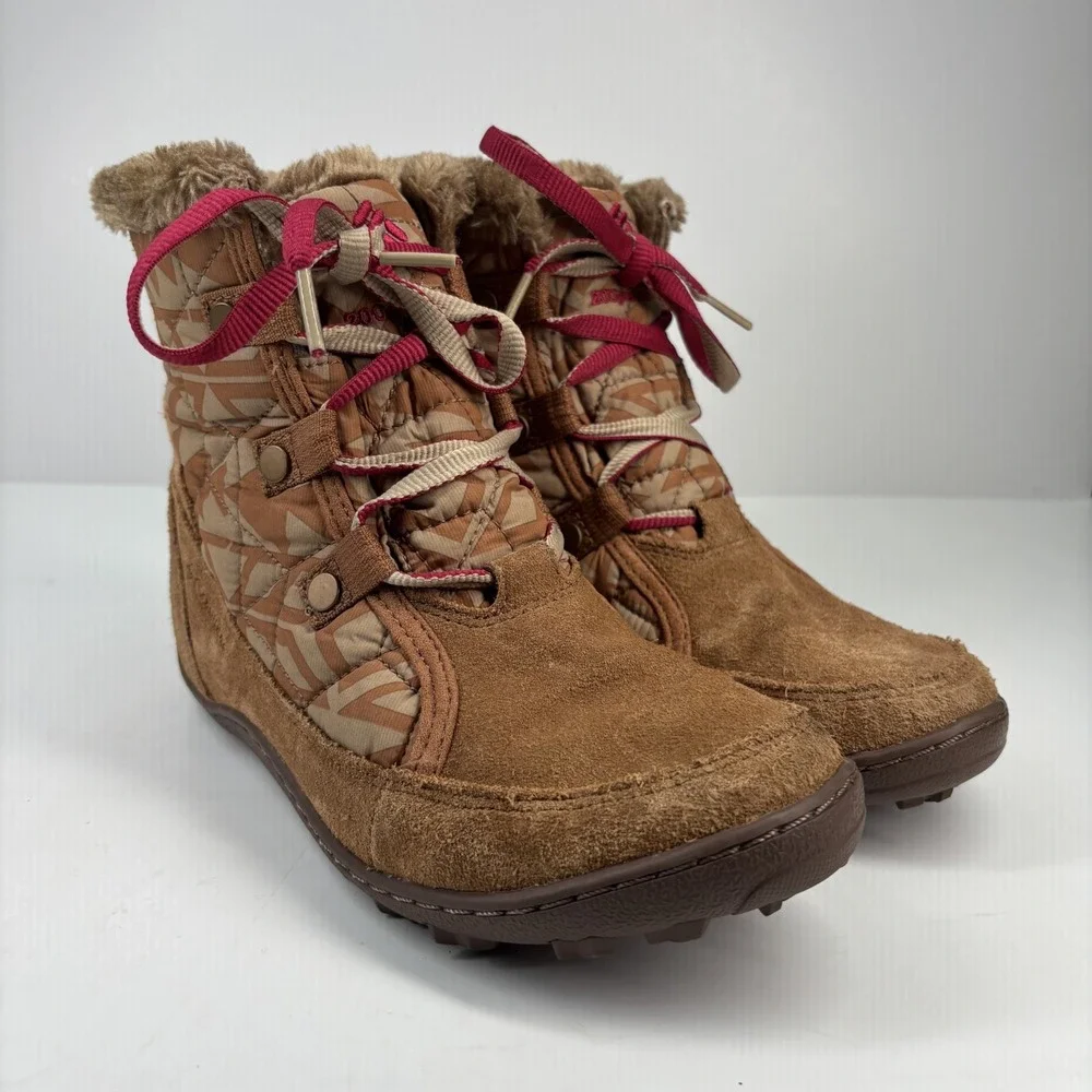 Columbia Women’s Brown Suede Quilted Winter Boots - Tan with Red Accents